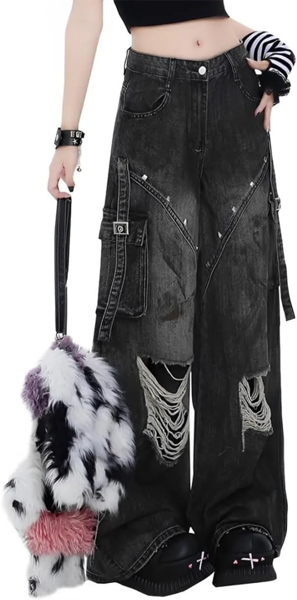 

Готические женские джинсы Y2K винтажные прямые с высокой талией мешковатые широкие рваные черные kakarin choyx