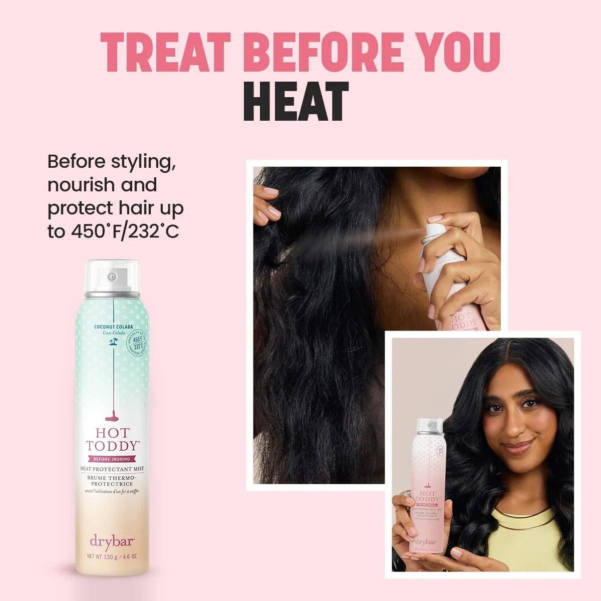 Термозащитный спрей для волос Drybar Hot Toddy, легкая формула, защищает от воздействия высоких температур при укладке, выпрямлении и завивке волос с помощью щипцов. 130.41 г (1 шт.) — фото 2