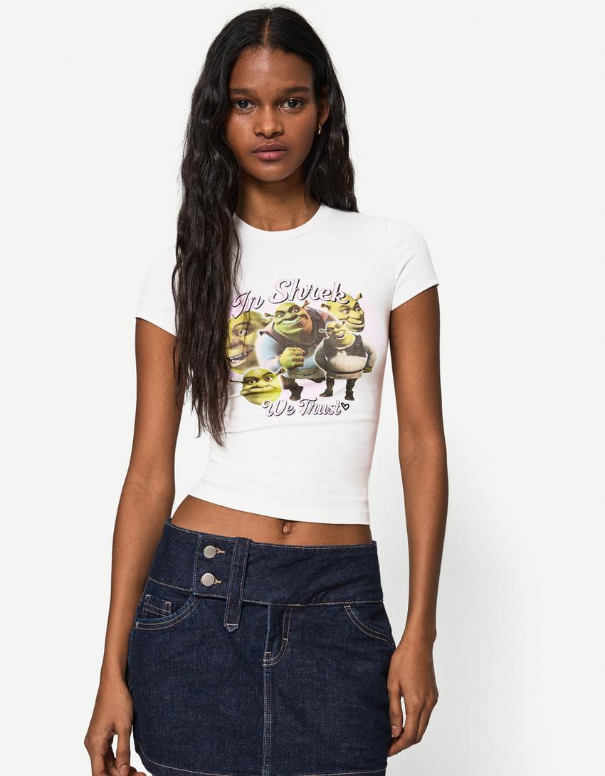 

Футболка с коротким рукавом и принтом Шрека Bershka, белый