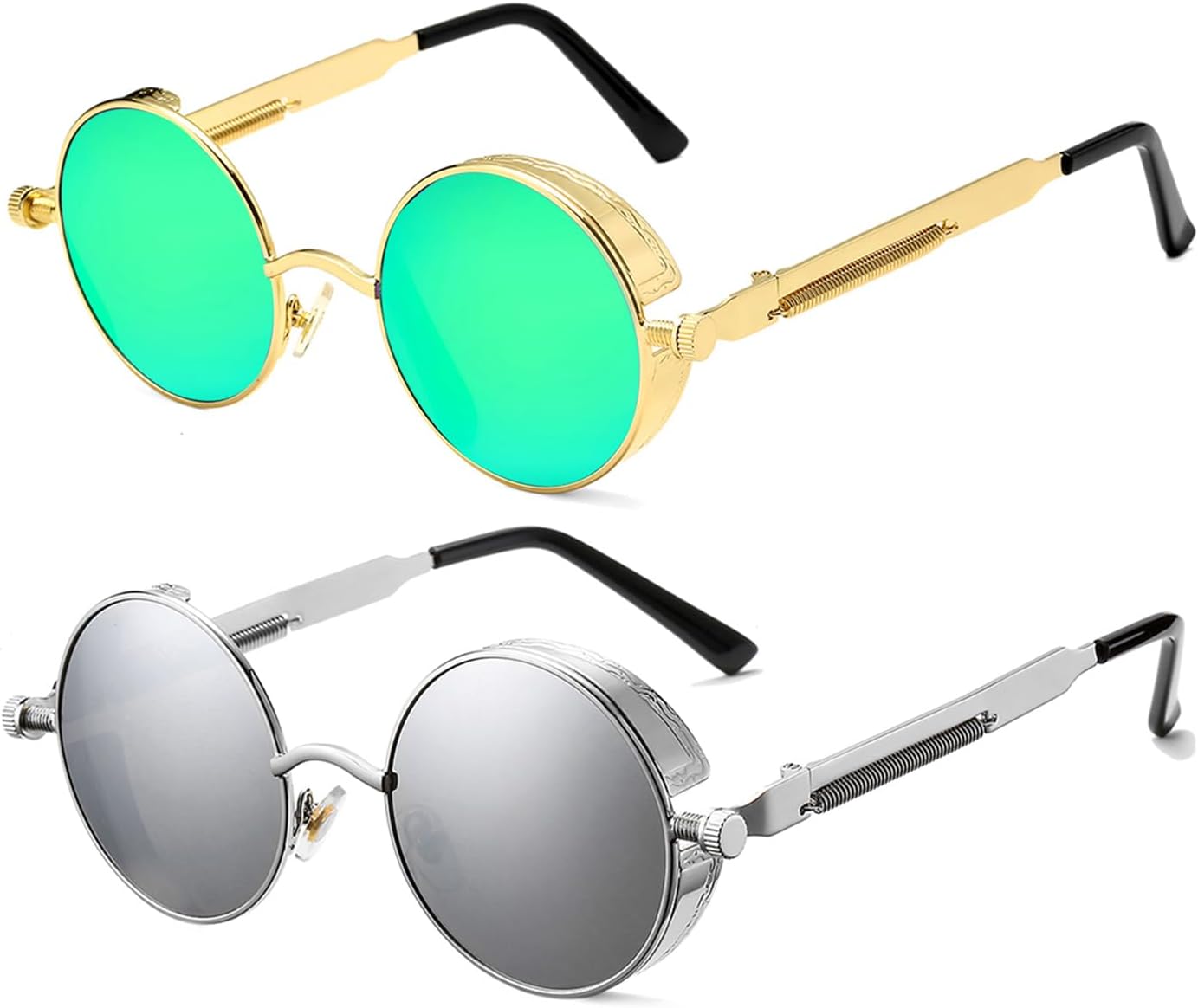 

HJSTES Винтажные круглые солнцезащитные очки в стиле стимпанк для женщин и мужчин, круглые готические очки в ретро-металлической оправе, 2 Pack (Green Mirror/Gold+silver Mirror/Silver)
