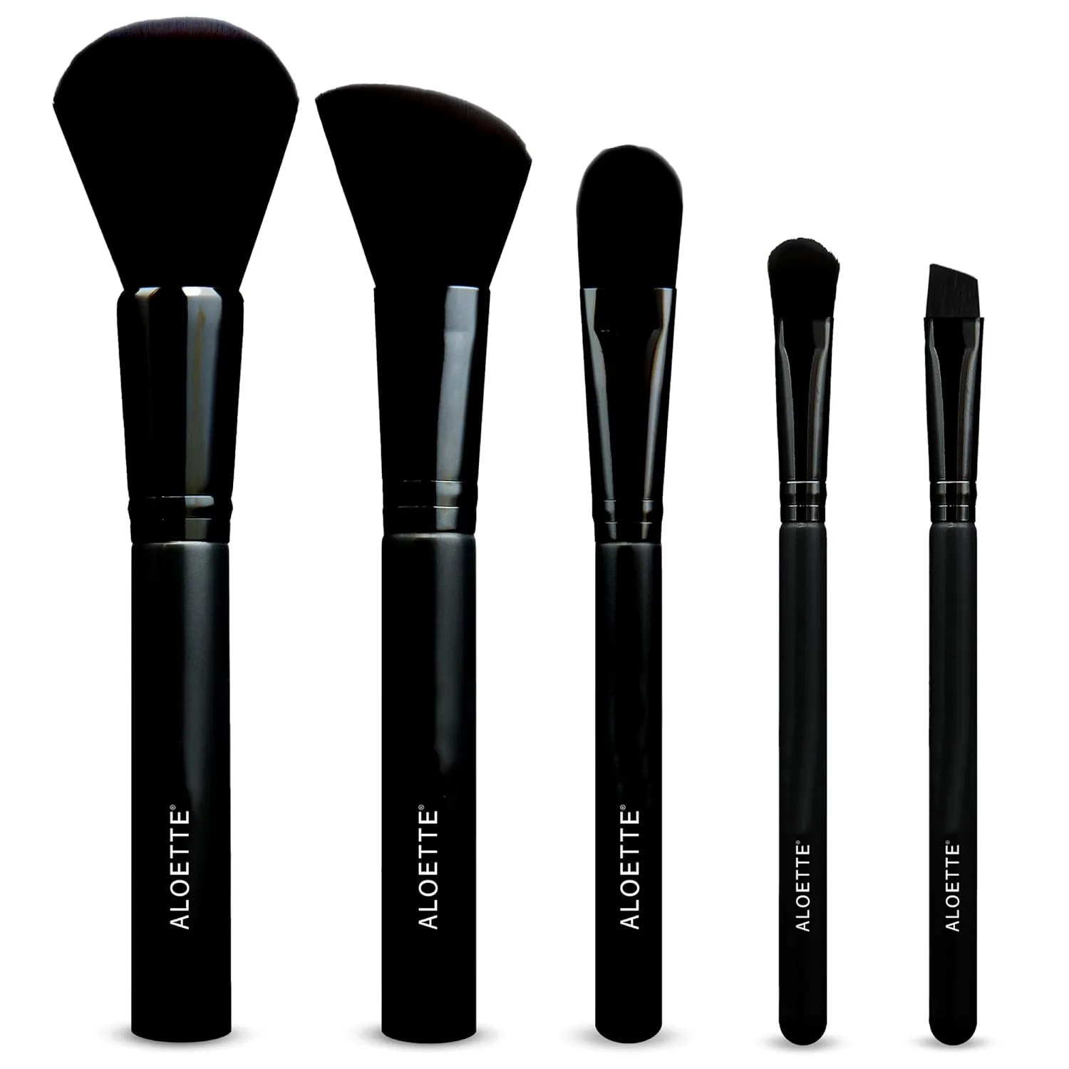 Набор кистей для макияжа Aloette Professional из 5 предметов: кисть для пудры, румян, жидкого тонального средства и 2 подводки для глаз, синтетические, cruelty free, Black