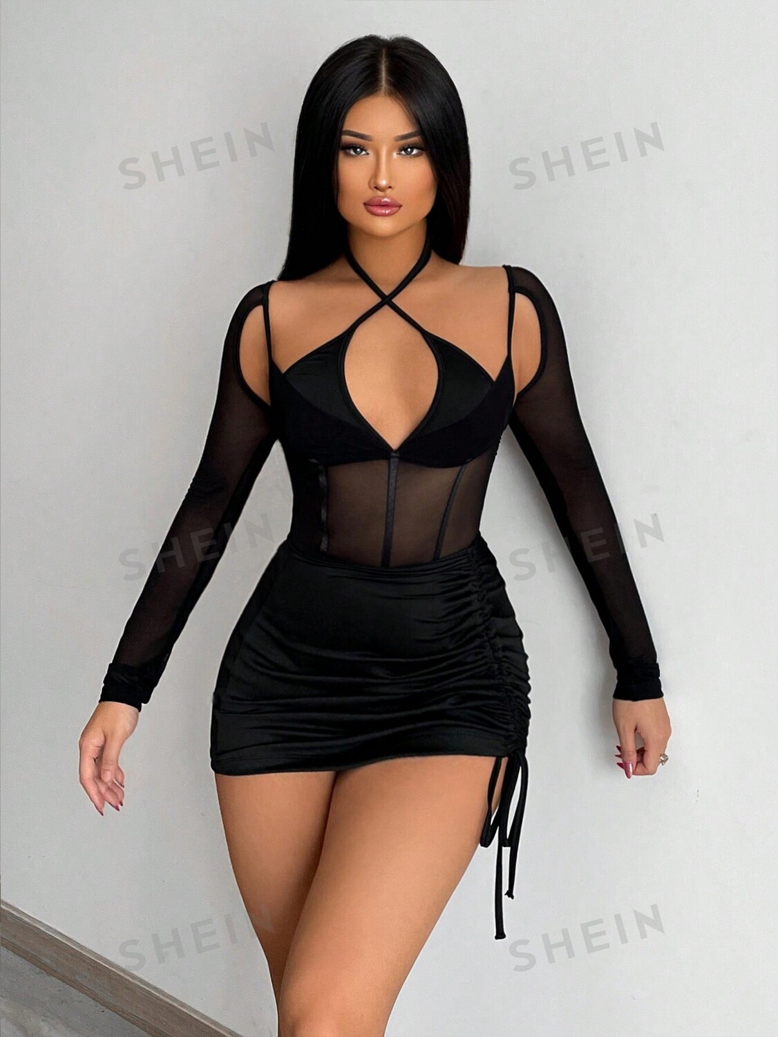

Комбинезон сетчатый Shein SXY и юбка на шнурке, черный
