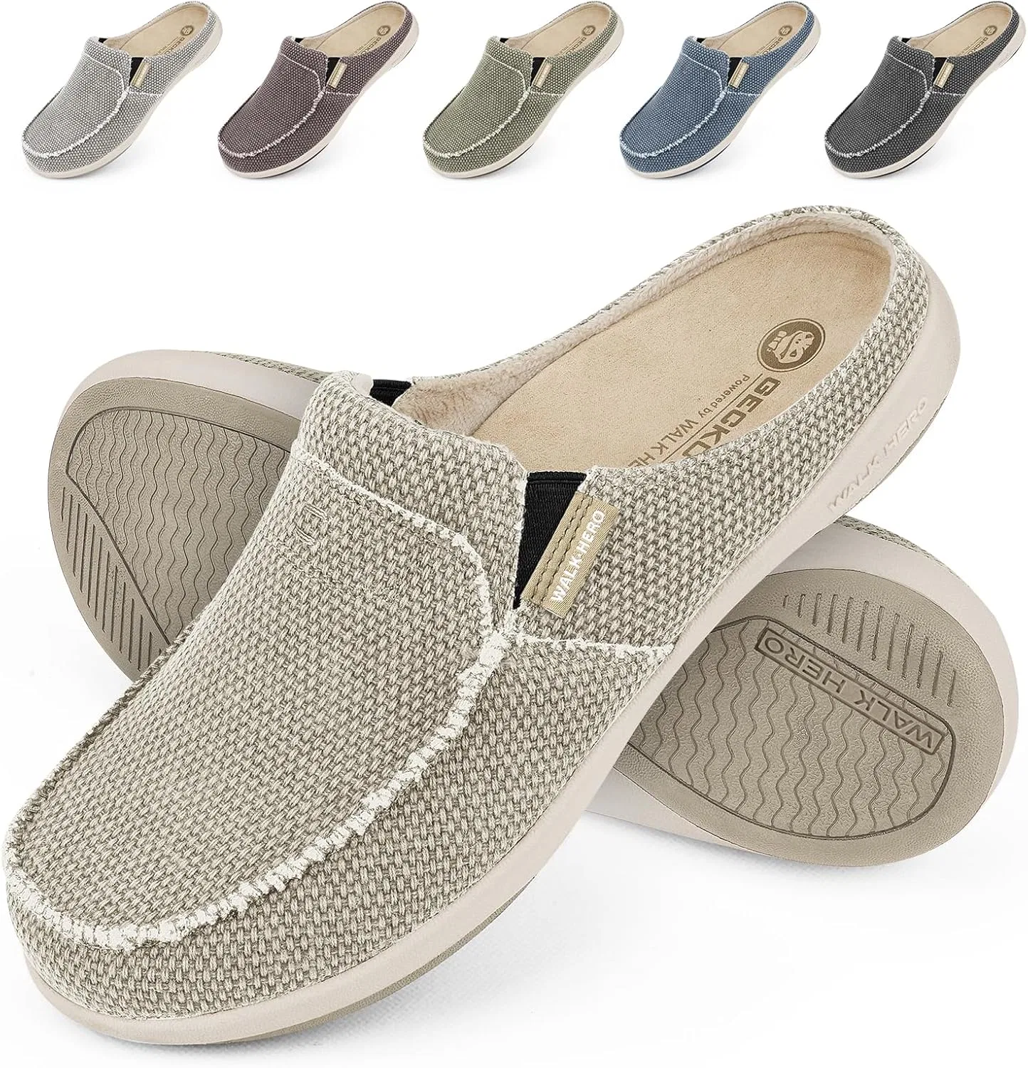 Тапочки мужские с поддержкой стопы, Beige ( Built-in Suede Insoles ) WALK·HERO COMFORT AND SUPPORT