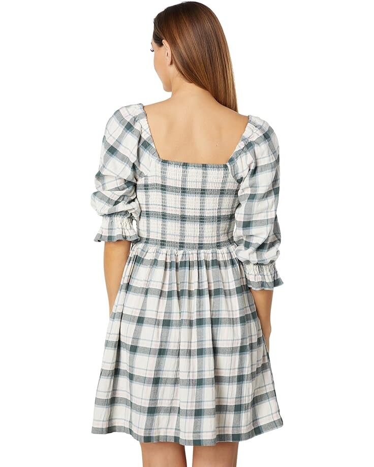 

Платье Madewell Lucie Elbow-Sleeve Smocked Mini Dress in Lebaum Plaid, цвет Antique Cream