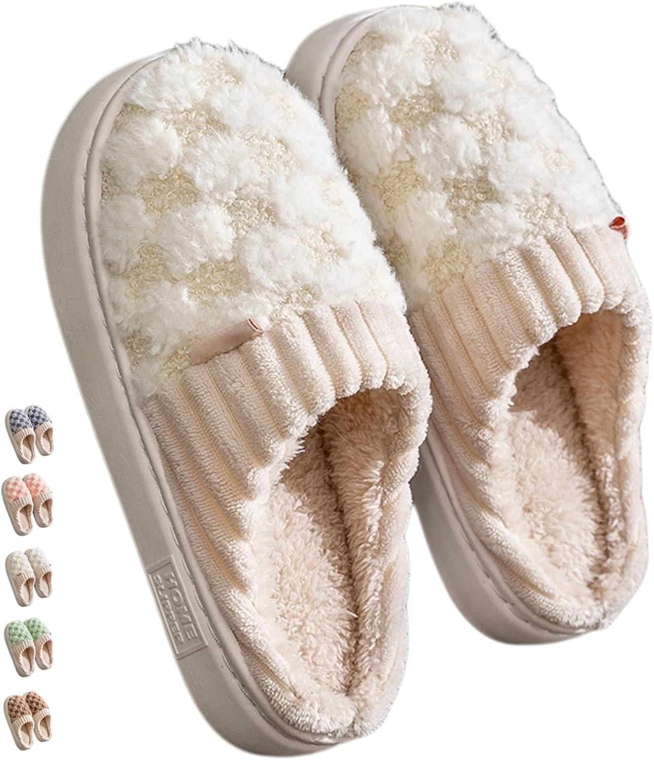 

Iwhgrmp Модные домашние тапочки в клетку для женщин и мужчин, для зимы, теплые и уютные, плюшевые, хлопковые, клетчатые, пушистые, для спальни, на толстой подошве, на один шаг, слоновая кость