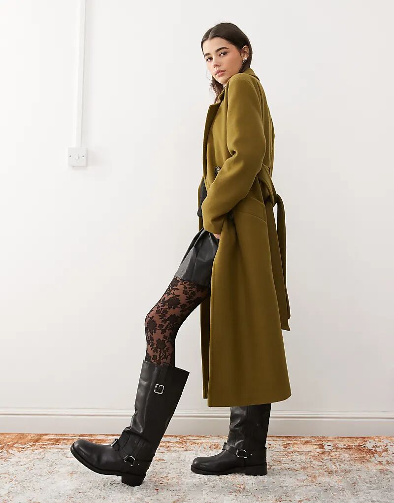 

Официальное пальто цвета хаки с поясом и запахом Miss Selfridge