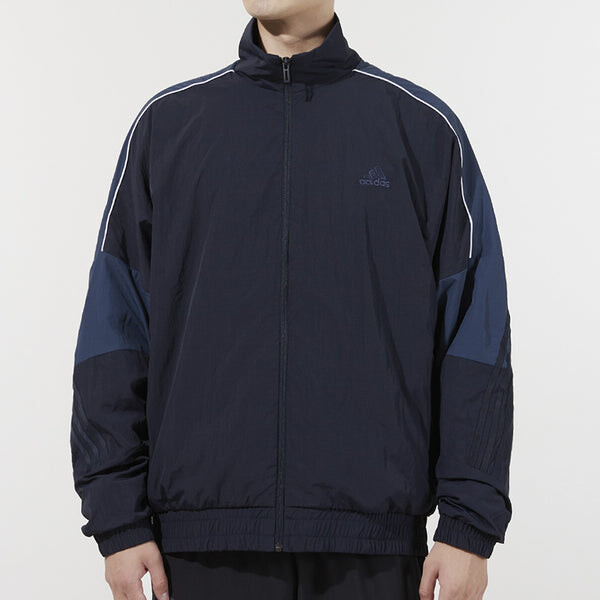 Куртка m si wov jkt contrast color stitching stripe loose stand collar woven jacket blue Adidas, синий — фото 3