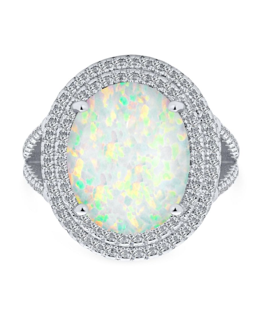 

Кольцо с белым синтетическим опалом, овальной раздвоенной шинкой, инкрустацией фианитами и двойным ореолом из серебра 925 пробы Bling Jewelry, Silver