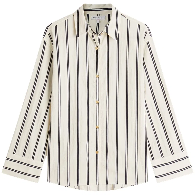 Рубашка женская с полосками Tommy Hilfiger бежево-бело-темно-синяя