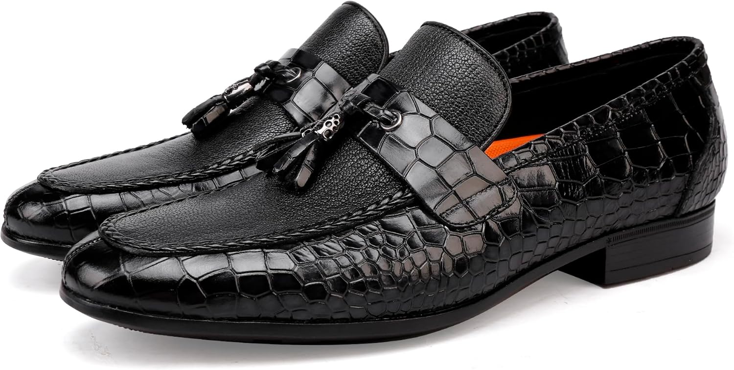 

Мужские кожаные лоферы с кисточкой- удобные и прочные мокасины с тягой, классические пенни-лоферы с принтом крокодила для свадебного, вечеринного и официального наряда Golden Coxes Family, Coffee