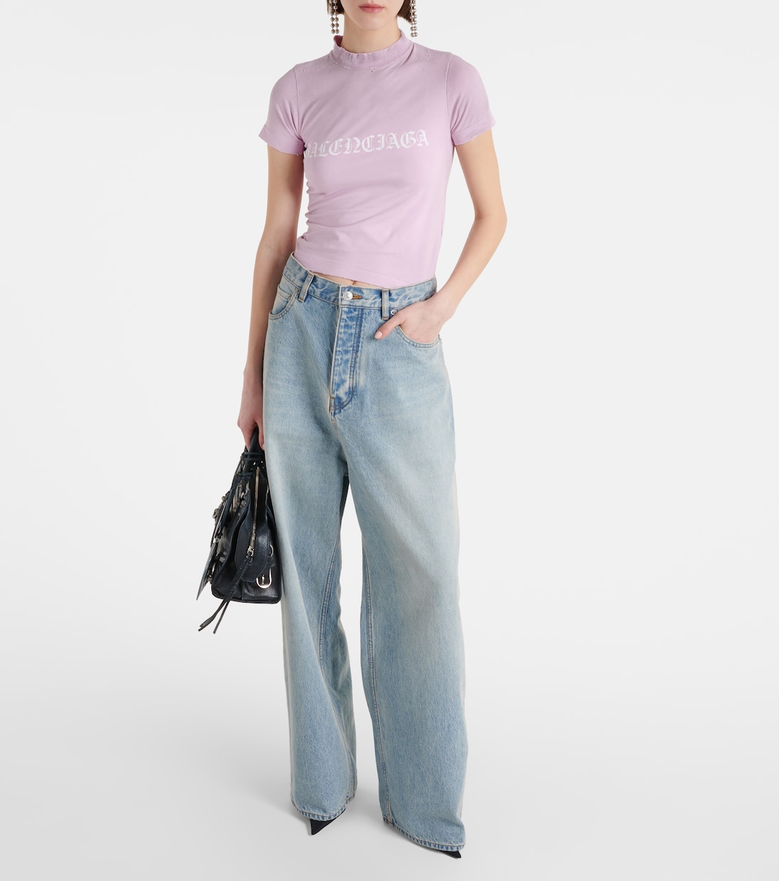 Обрезанная хлопковая футболка из джерси Balenciaga, Light Pink/White — фото 2