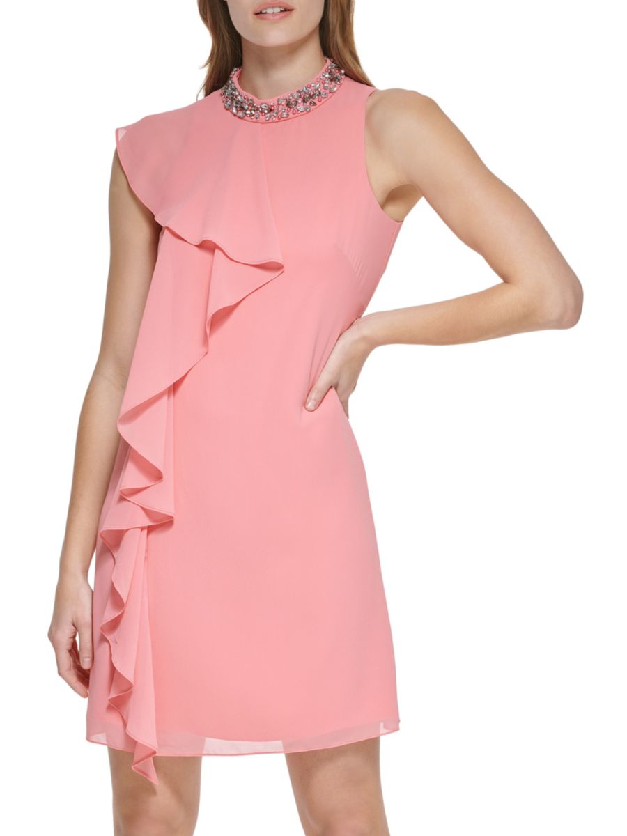 

Мини-платье-футляр с бисером и оборками Vince Camuto, цвет Guava