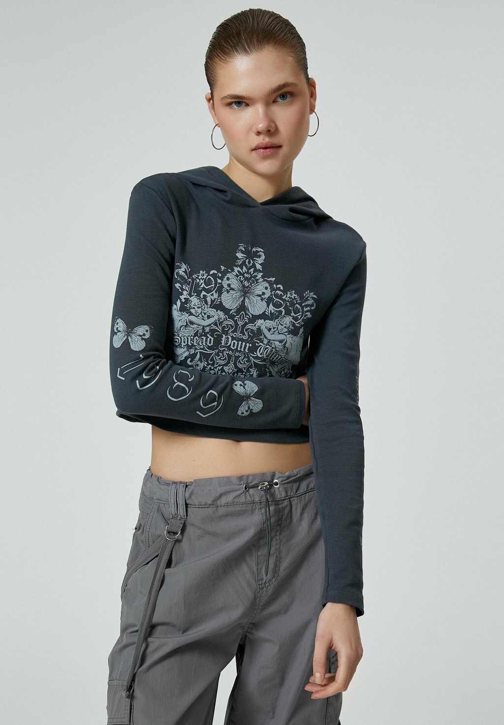

Топ с длинными рукавами CROP PRINTED Koton, антрацит