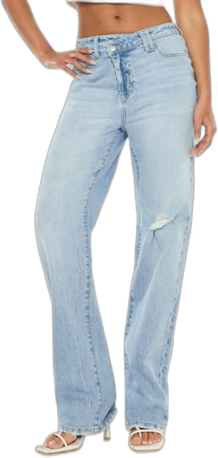 

Женские джинсы прямого кроя Casual с высокой посадкой, потертости, светлая голубая стирка, винтажный стиль Yanhoo