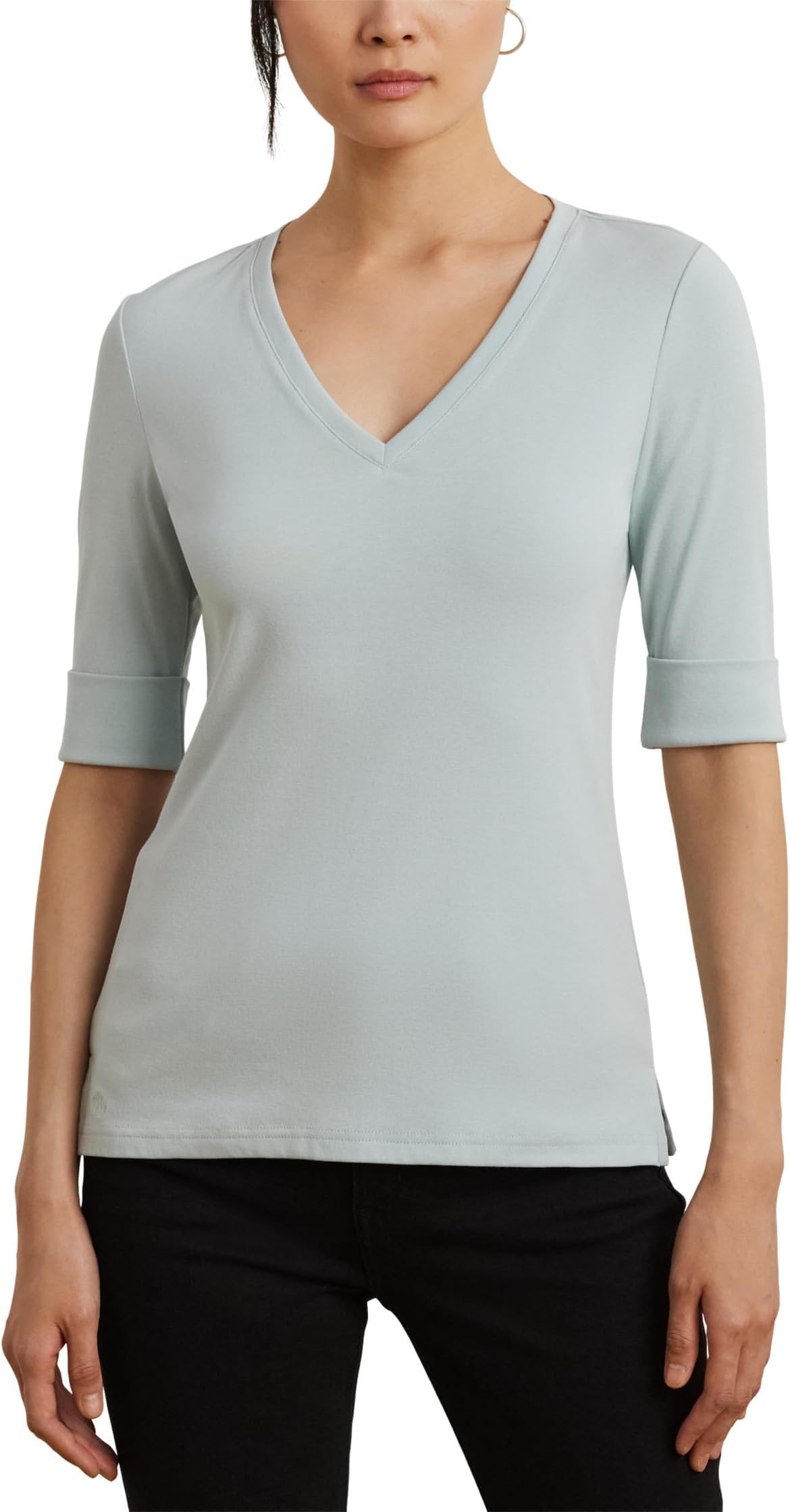 

Футболка Lauren Ralph Lauren Petite Stretch Cotton Elbow-Sleeve V-Neck Tee, цвет Aqua Pearl