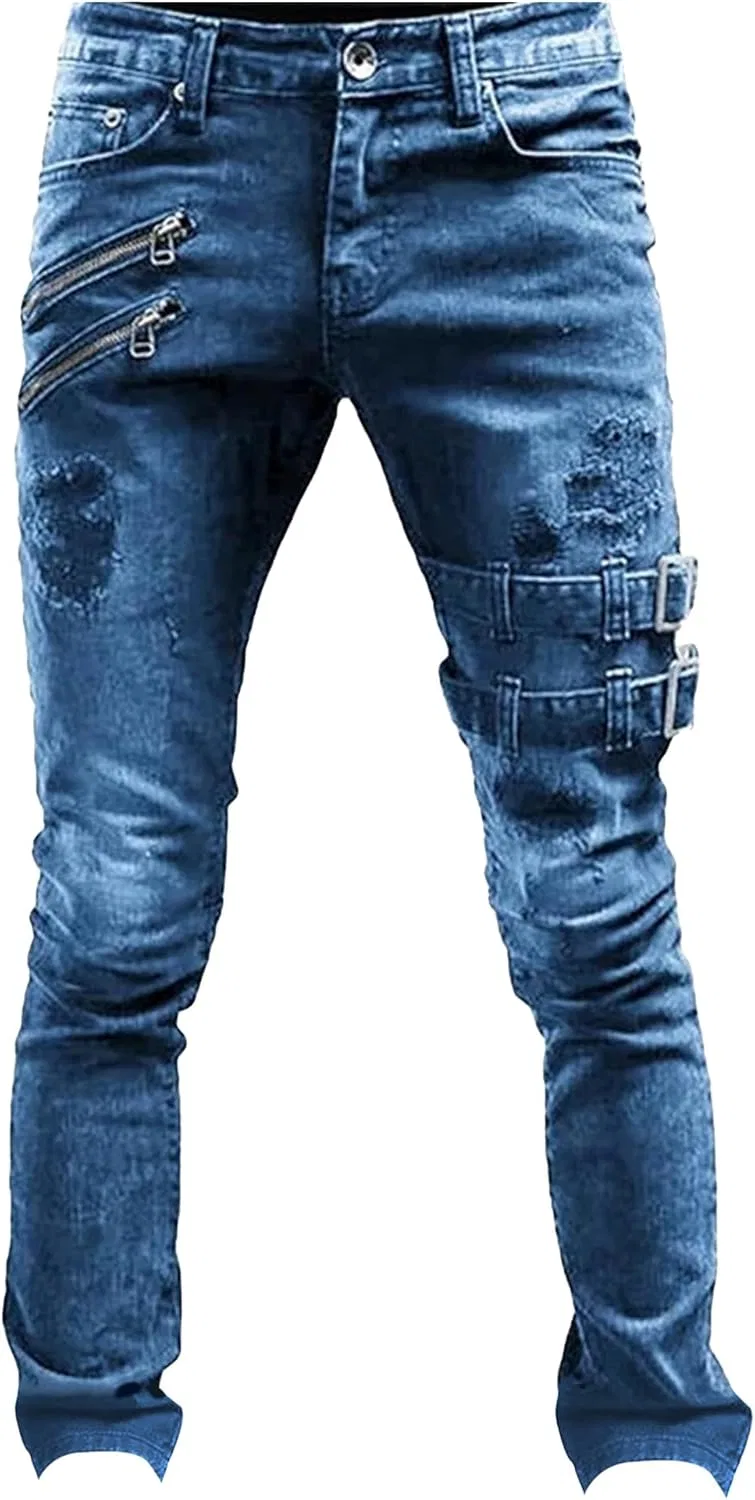 Джинсы мужские с потертостями, панк-байкерский стиль, Washed Blue