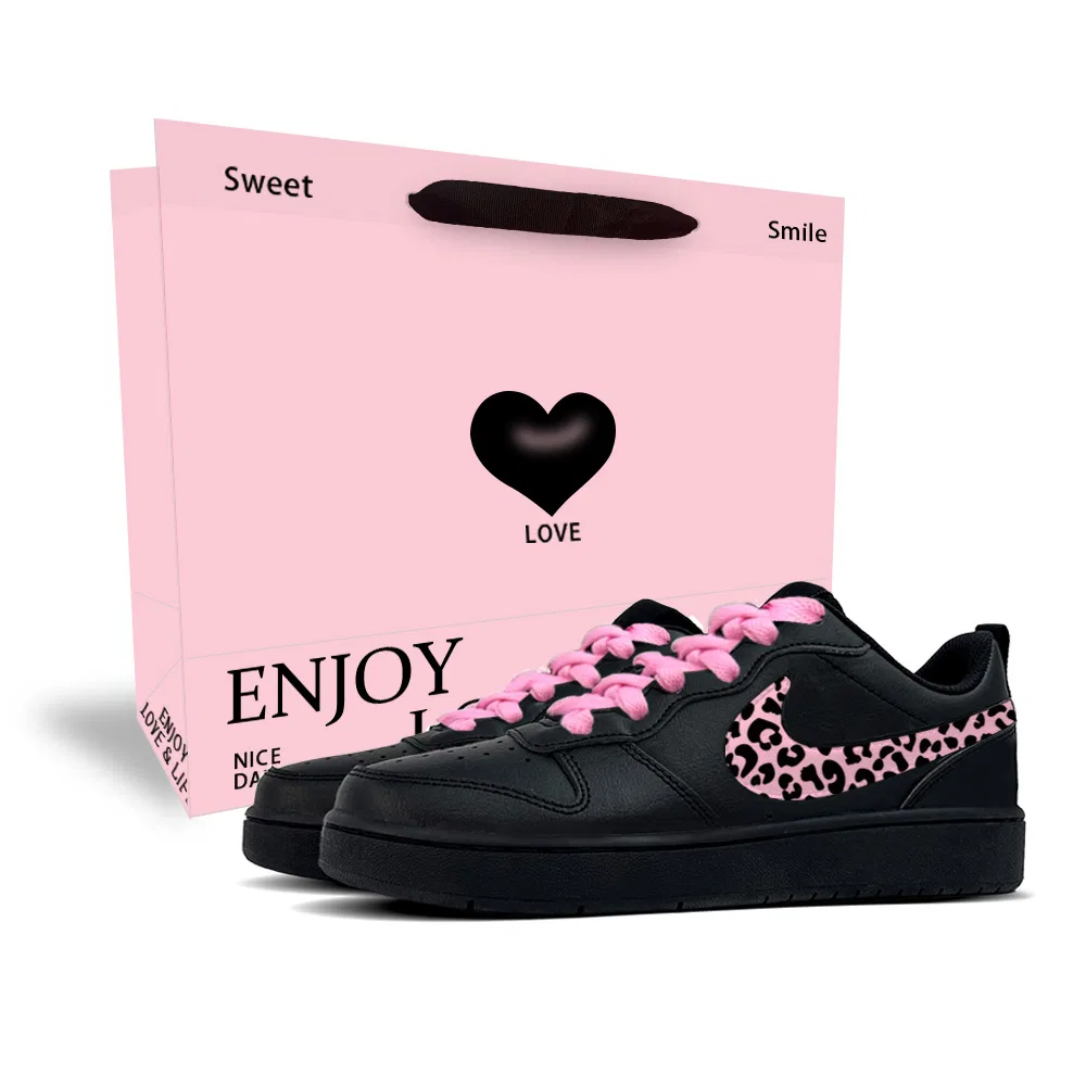 Кроссовки детские Nike Court Borough Pink Leopard Black Heart 1 Leather Low top, черный