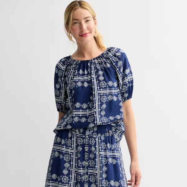 

Женская крестьянская блузка из шелковистой ткани Sonoma Goods For Life, цвет blue nautical print