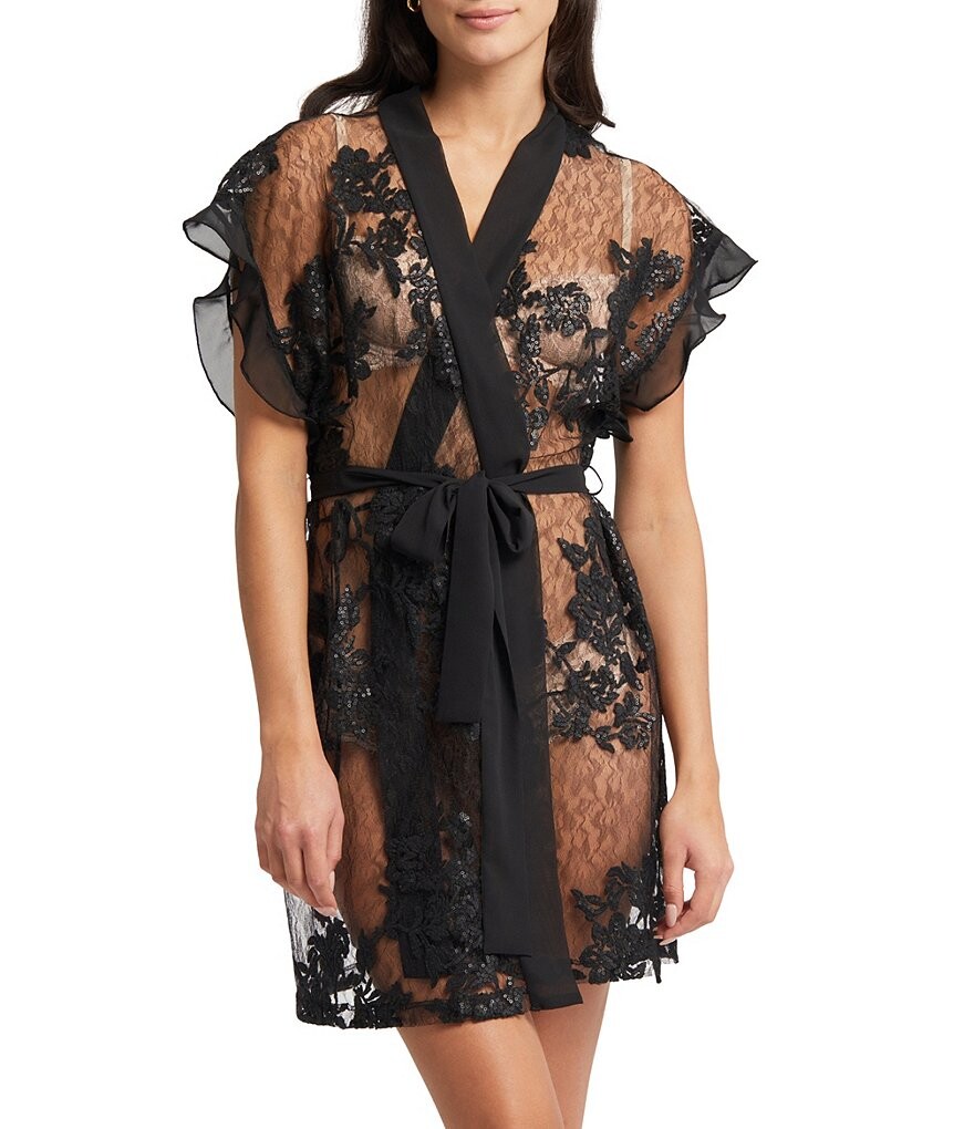 

Очаровательный короткий халат с запахом и вышивкой Rya Collection, черный