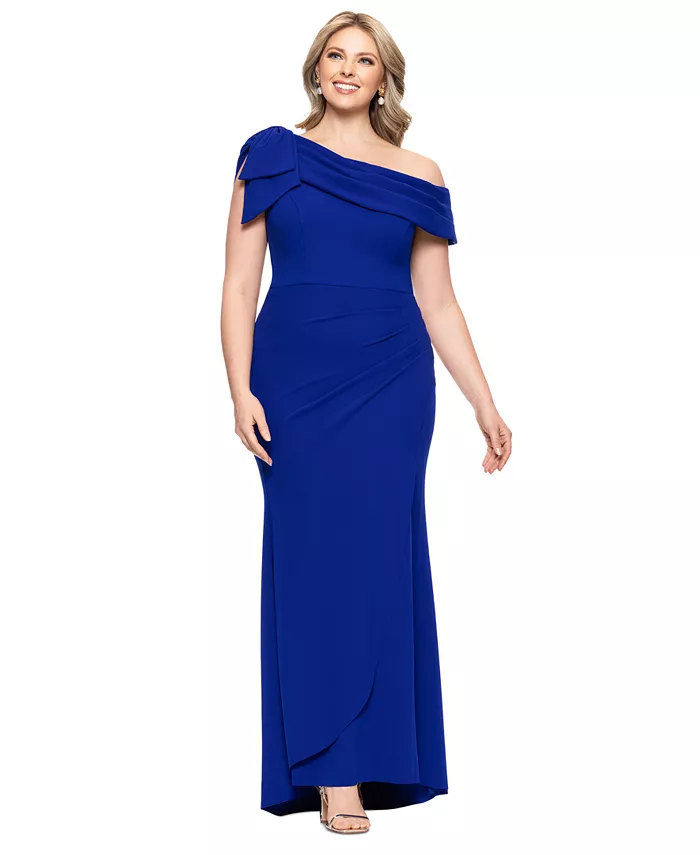 

Вечернее платье с одним плечом и бантом, plus size XSCAPE, синий