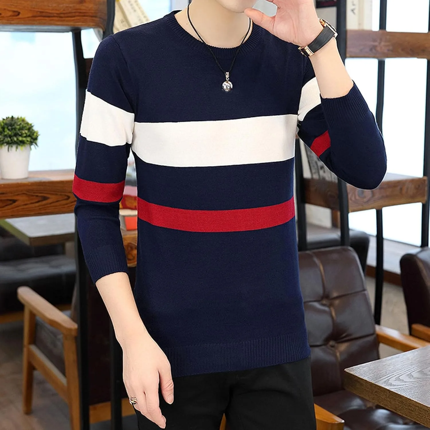 Мужской свитер Casual Slim Fit с длинным рукавом в полоску — фото 3