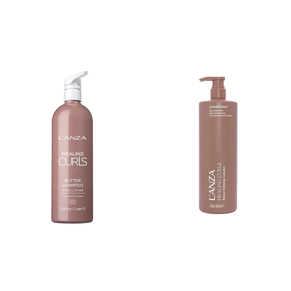 Набор L'ANZA Healing Curls Butter: шампунь (950 мл) и кондиционер (950 мл) - для ухода за кудрявыми волосами, обеспечивающий безопасное для окрашенных волос очищение и увлажнение.