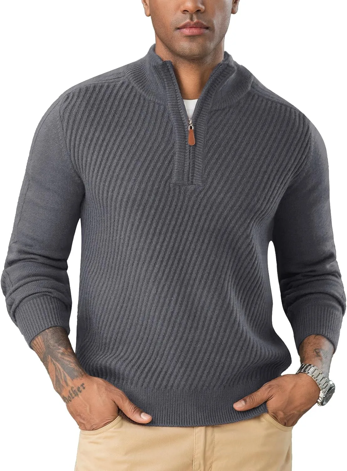 

Flygo Quarter Zip Pullover для мужчин, вязаный свитер с длинным рукавом