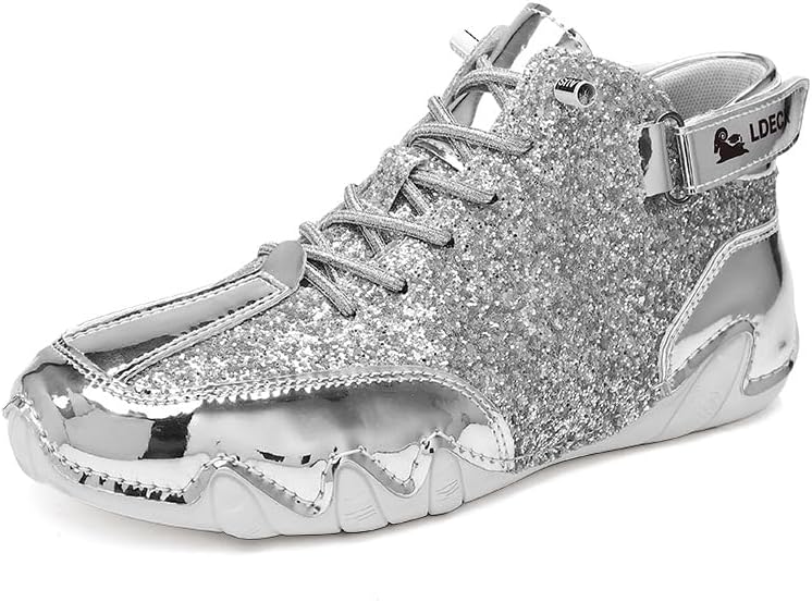 

Мужские высокие блестящие кроссовки с округлым носком, шнуровкой, удобные, противоскользящие, с липучкой и пайетками, ботильоны Generic, серебро