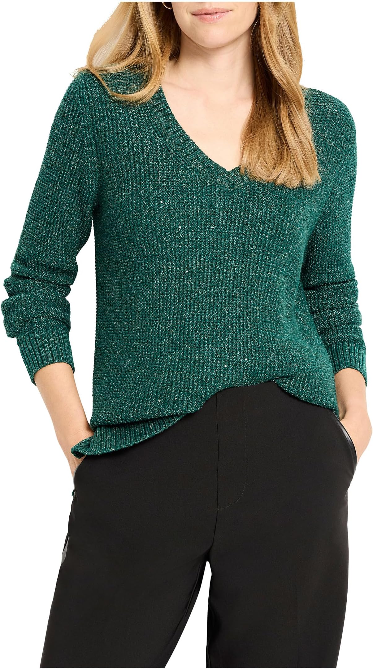 

Свитер NIC+ZOE Women's Petite Shimmer Waffle V-neck Sweater, Pine
