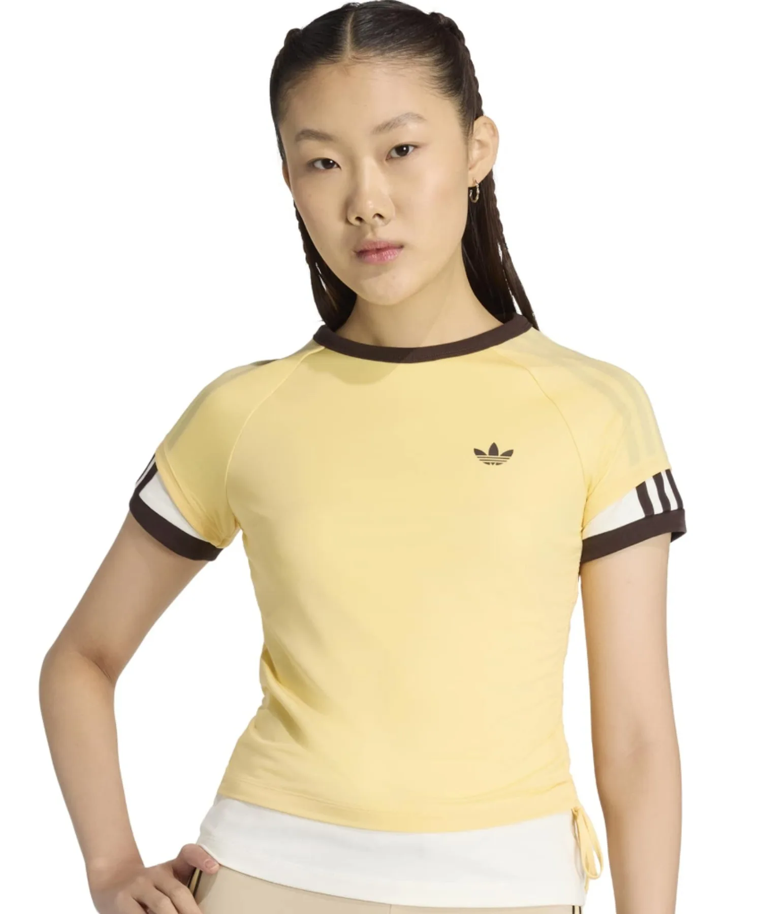 Женская футболка adidas DOUBLE LAYERED CALI с круглым вырезом жёлтая — фото 2
