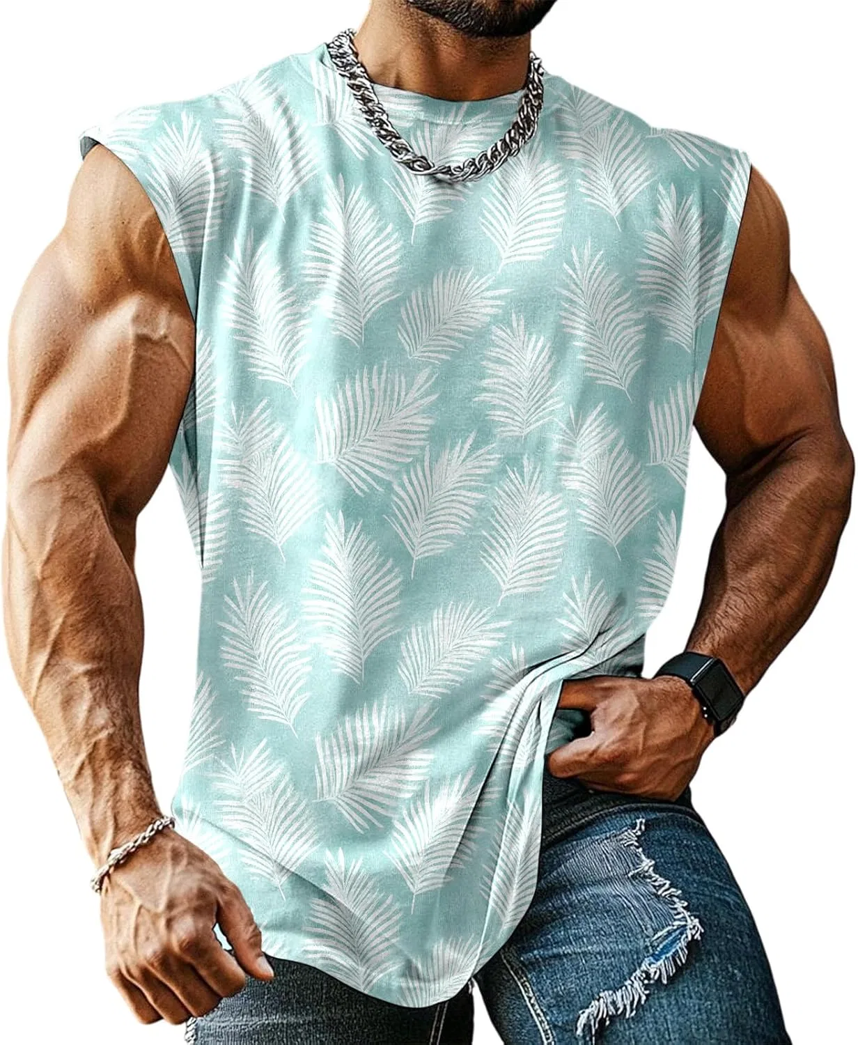 Мужской топ-безрукавка с тропическим принтом, листья, Composition: 95% polyester, 5% spandex, B Narrow Leaves