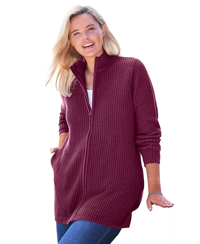 

Плюс сайз кардиган на молнии спереди в стиле шейкер Woman Within, красный