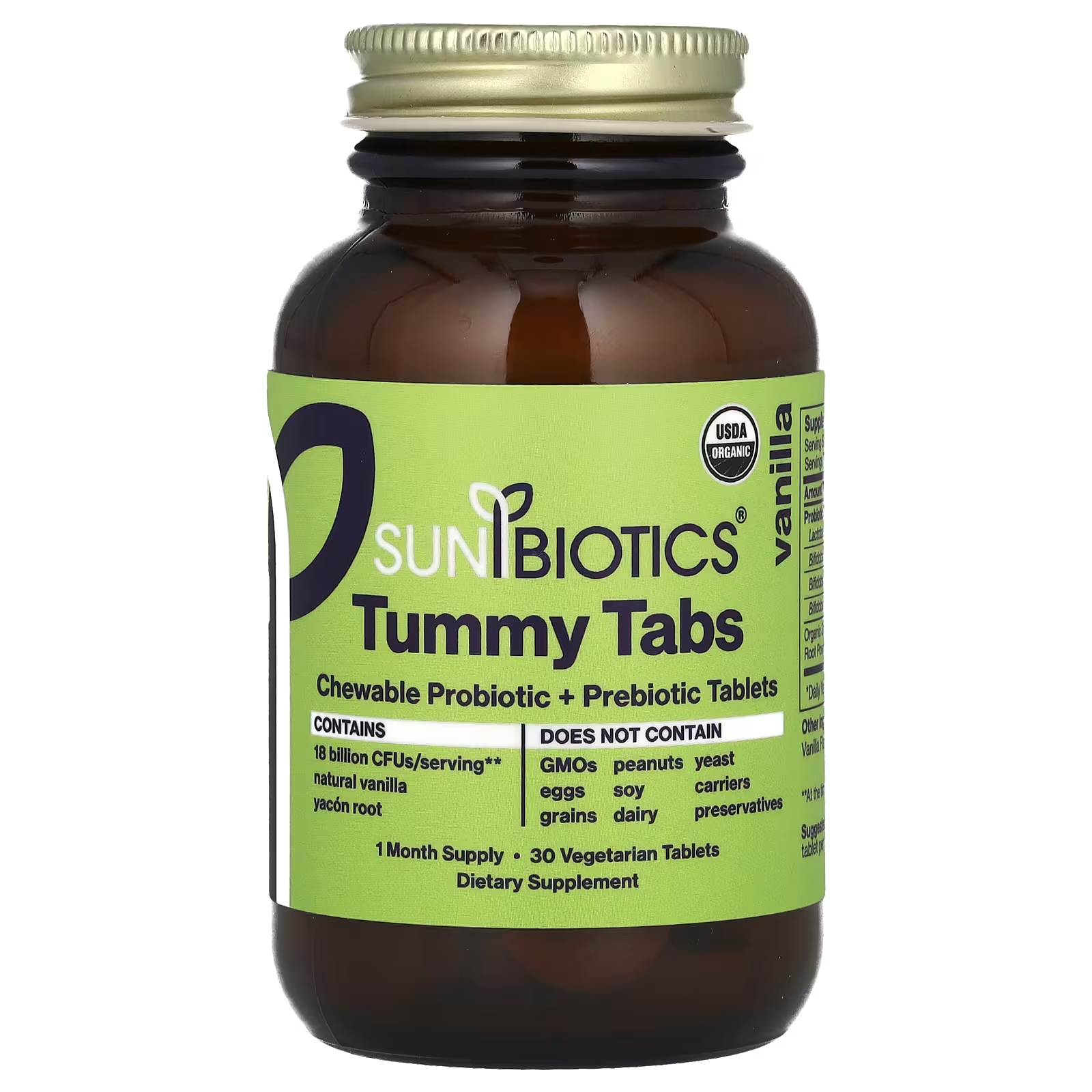 

Пробиотики + пребиотики Tummy Tabs Sunbiotics с ванилью, 30 вегетарианских таблеток