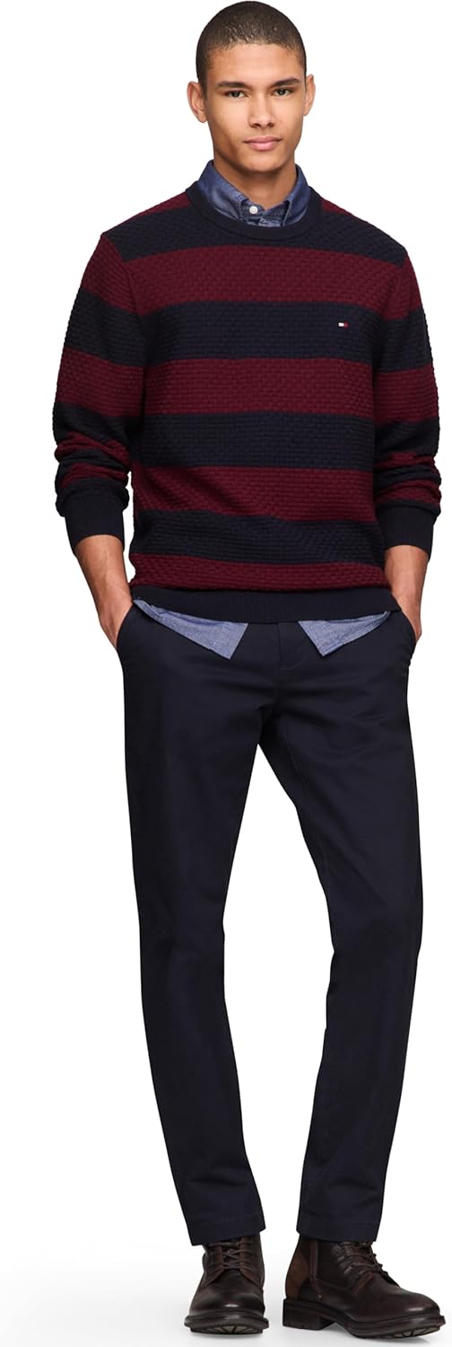 Мужской текстурированный вафельный свитер Tommy Hilfiger с круглым вырезом, легкий пуловер, доступен в размерах для больших и высоких размеров, Desert Sky / Deep Rouge — фото 4