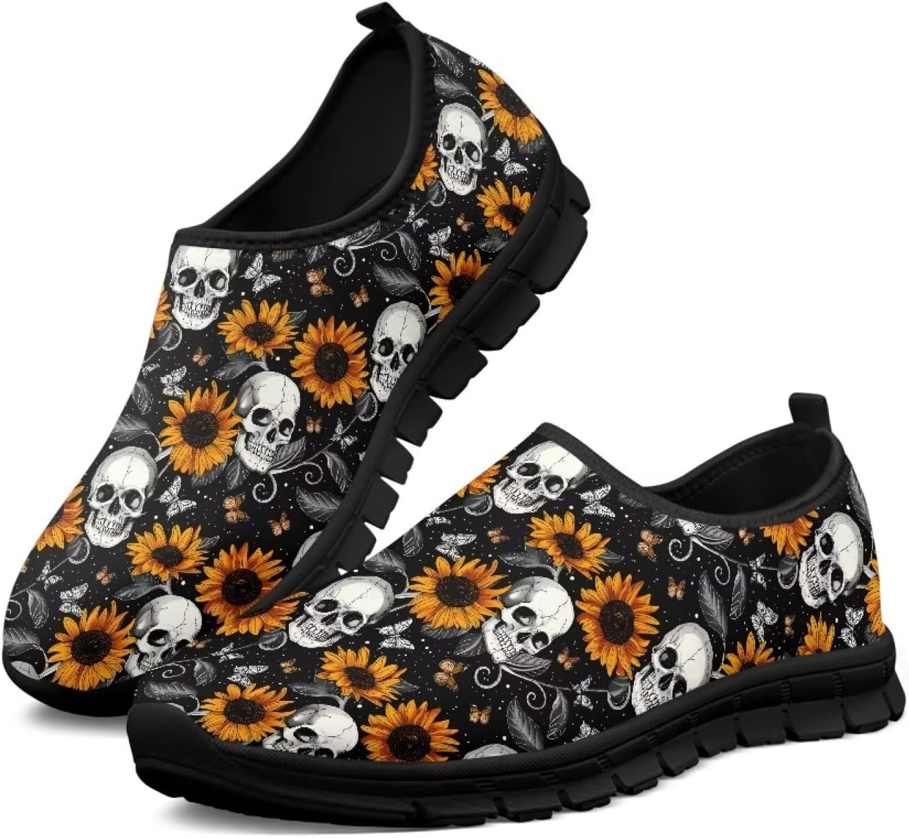 

Мужские повседневные туфли-слипоны с низким вырезом, спортивные кроссовки-лоферы с черепом и скелетом, противоскользящие, для прогулок и бега, размеры US5-14 Qoiuvncy, Skull Sunflower