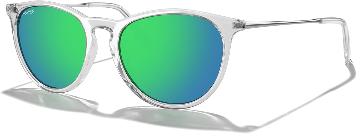 

Винтажные поляризованные солнцезащитные очки MERRY'S для женщин и мужчин, ретро-стиль, круглые зеркальные линзы, защита от ультрафиолета UV400, Transparent Frame/Green Mirror Lens/Silver Legs