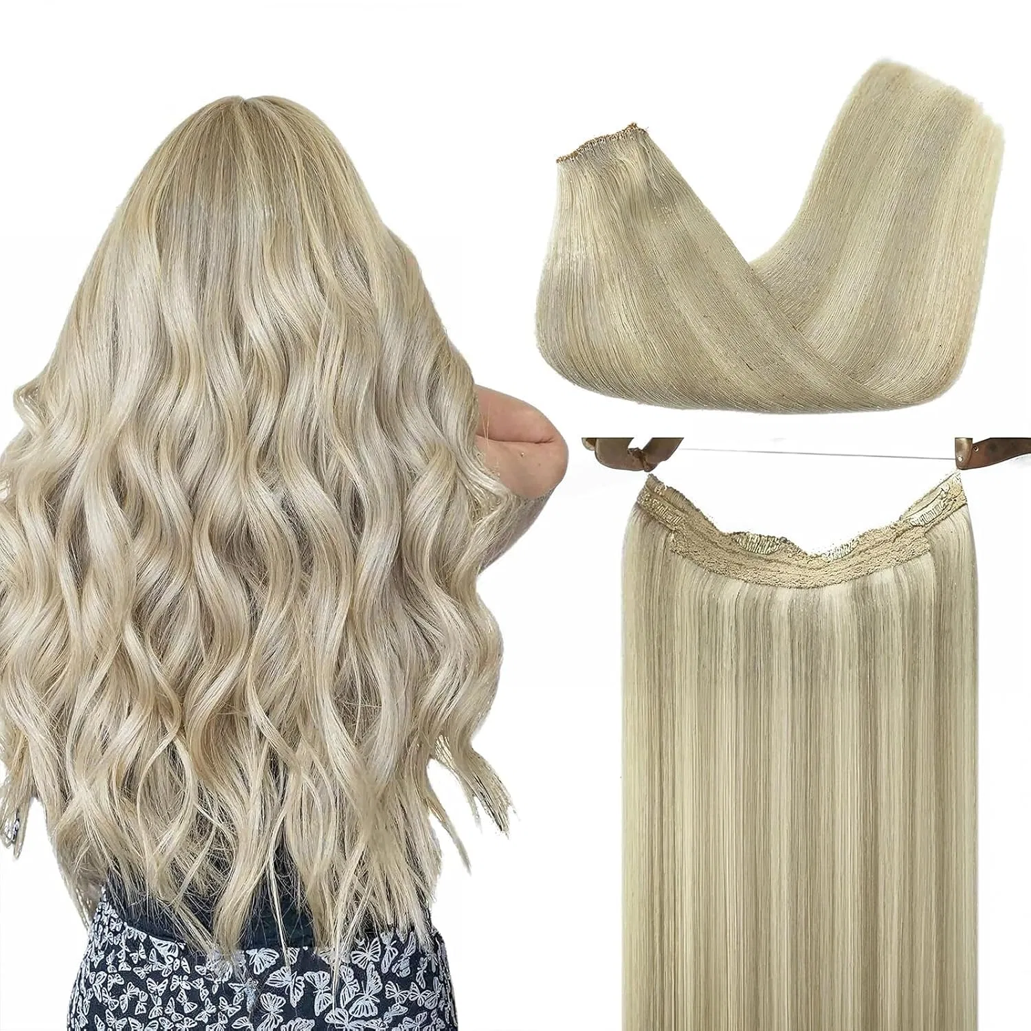 Накладные волосы на леске Secret Clip-In Remy от DOORES, 40 см, 95 г Doores, #17A/60A Ash Blonde Highlights Platinum Blonde