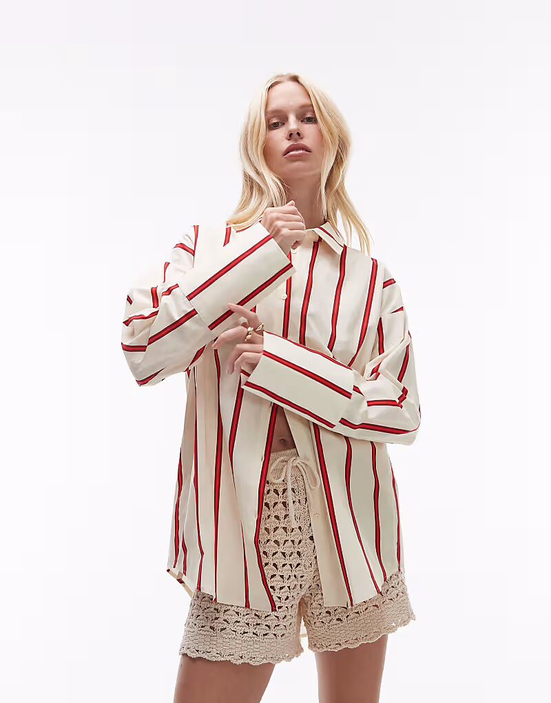 

Рубашка Topshop oversize с глубокими манжетами в полоску цвета пахты