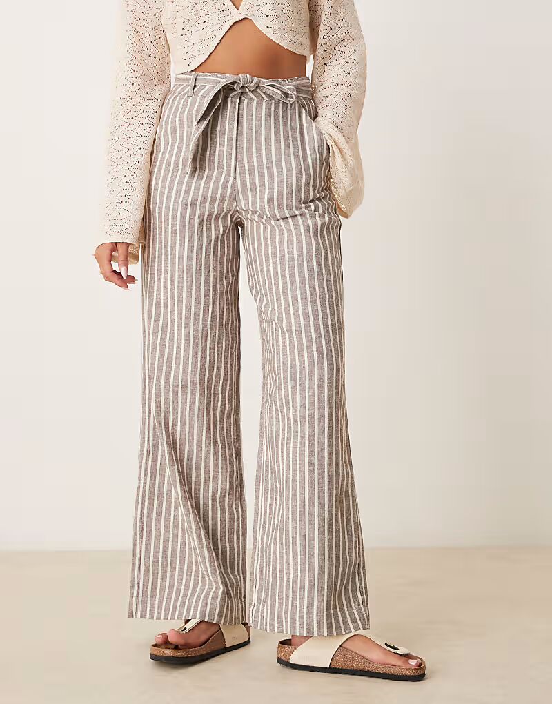 

Брюки широкие из льняной смеси с поясом, коричневого цвета Threadbare