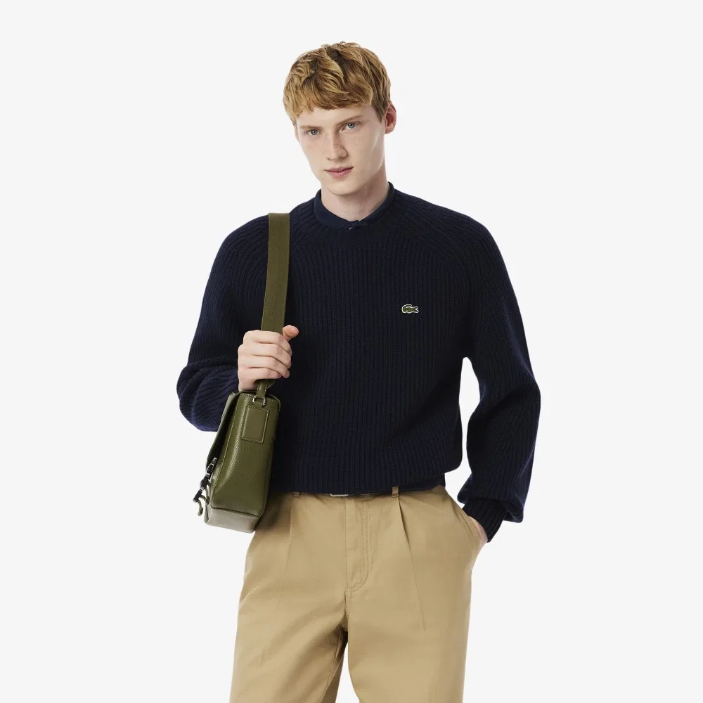 Свитер мужской Lacoste с круглым вырезом в рубчик, 100% шерсть, темно-синий