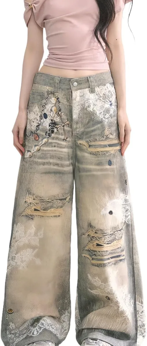 

Джинсы Y2K Unisex Vintage 3D Chain Diamond Lace Print в стиле Harajuku Grunge grhaat