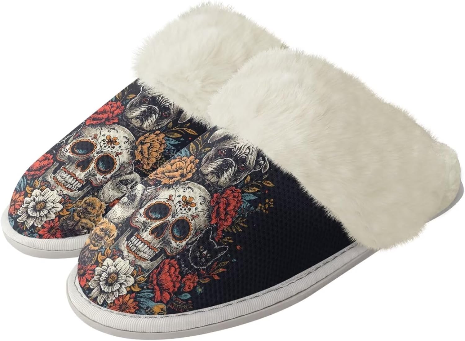 

Мягкие домашние тапочки с принтом черепа, удобные, с противоскользящим покрытием и поддержкой свода стопы, идеально подходят для зимы Getelinseng, Retro Skull Flower Dog