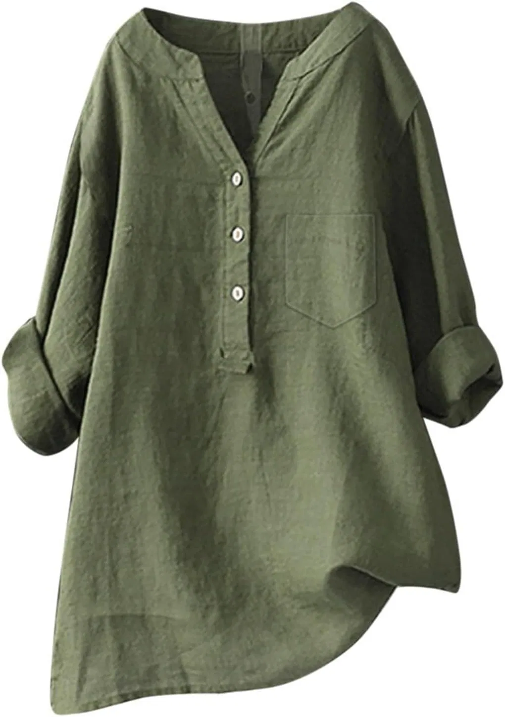 Блуза женская, хлопок и лен, Solid Color, Army Green