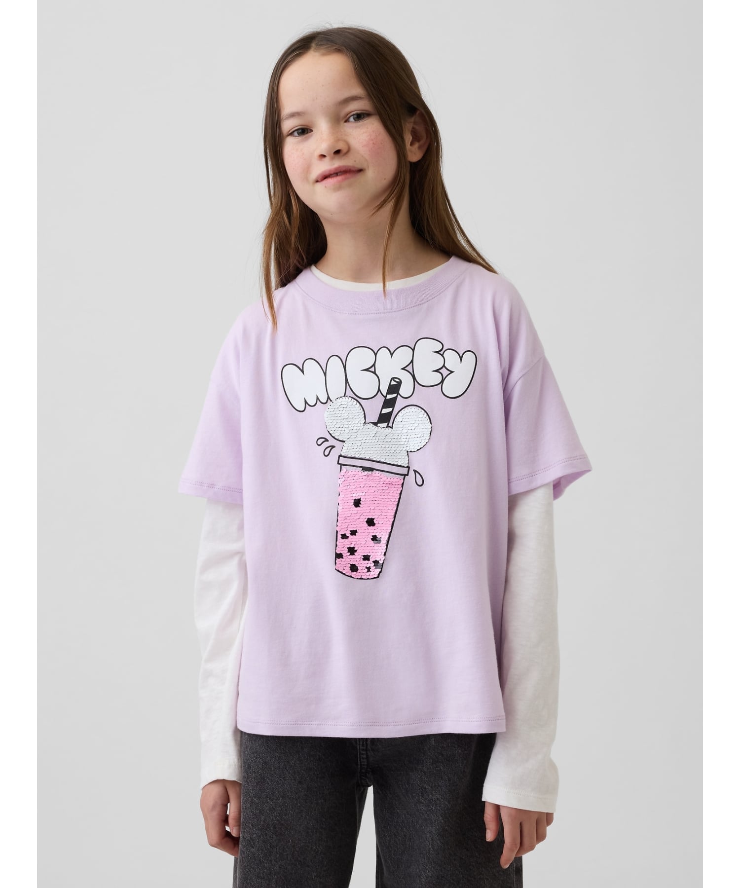 Футболка с принтом в виде переворота и пайетками (K)GapKids x Disney Oversized Flippy Transformation GAP, PALE_LILAC