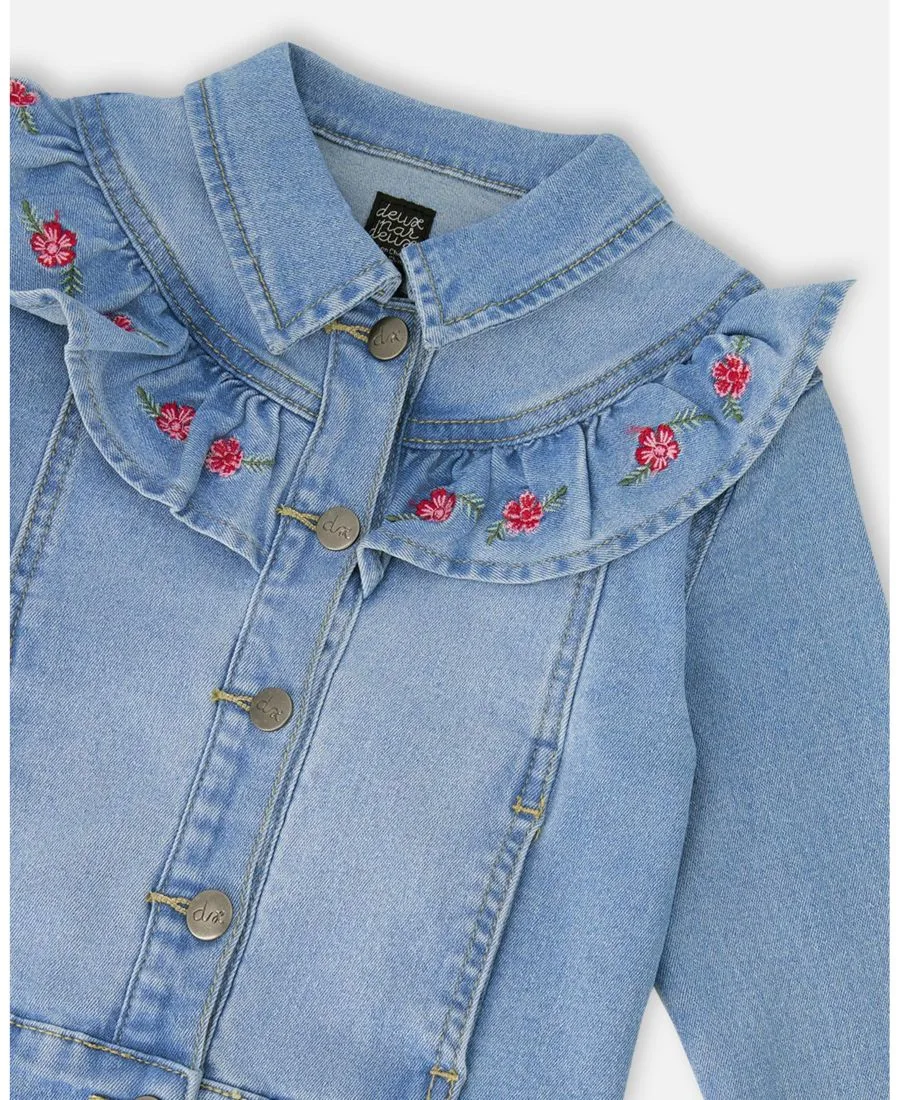 Джинсовая куртка для девочек с вышивкой Deux par Deux, светло-голубой denim — фото 4