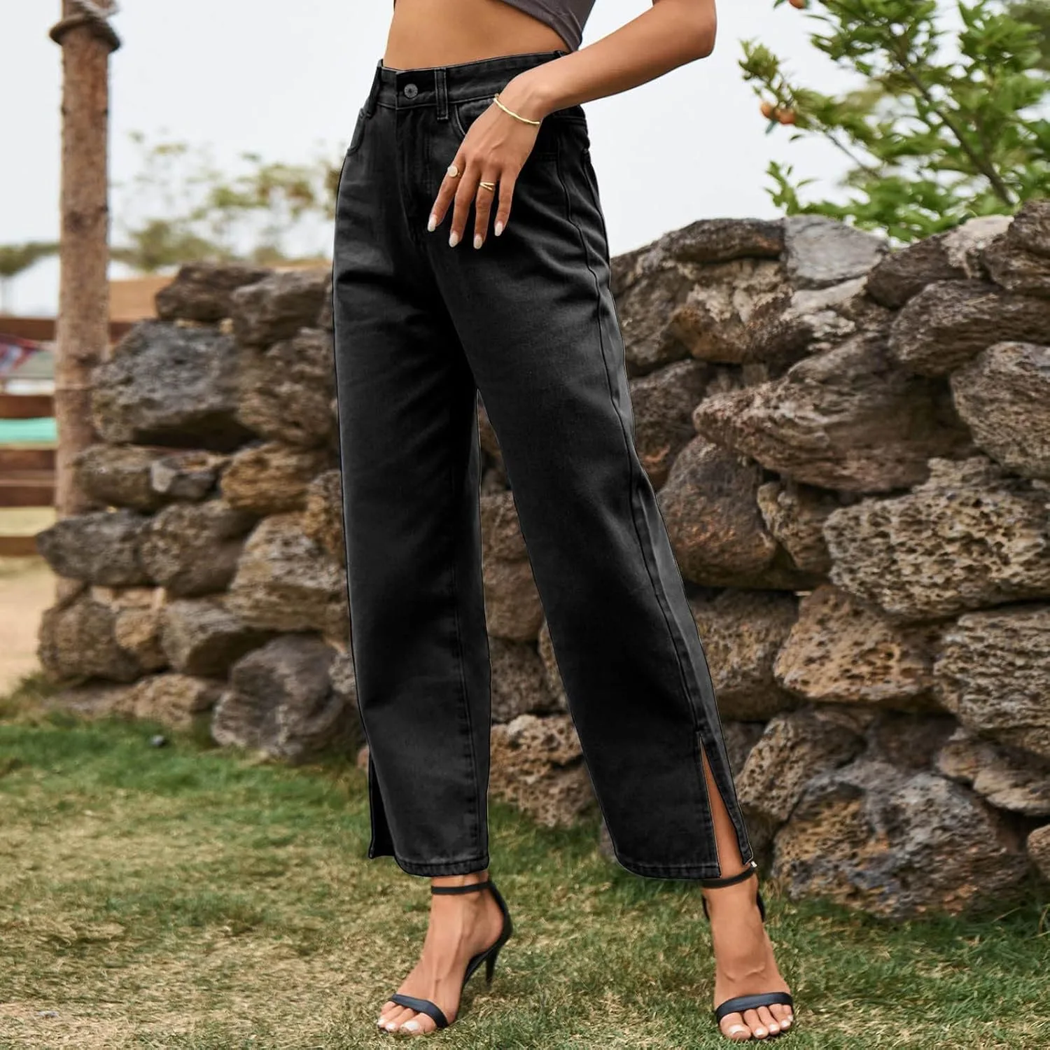 Джинсы для женщин High Waisted Straight Leg с боковым разрезом — фото 3
