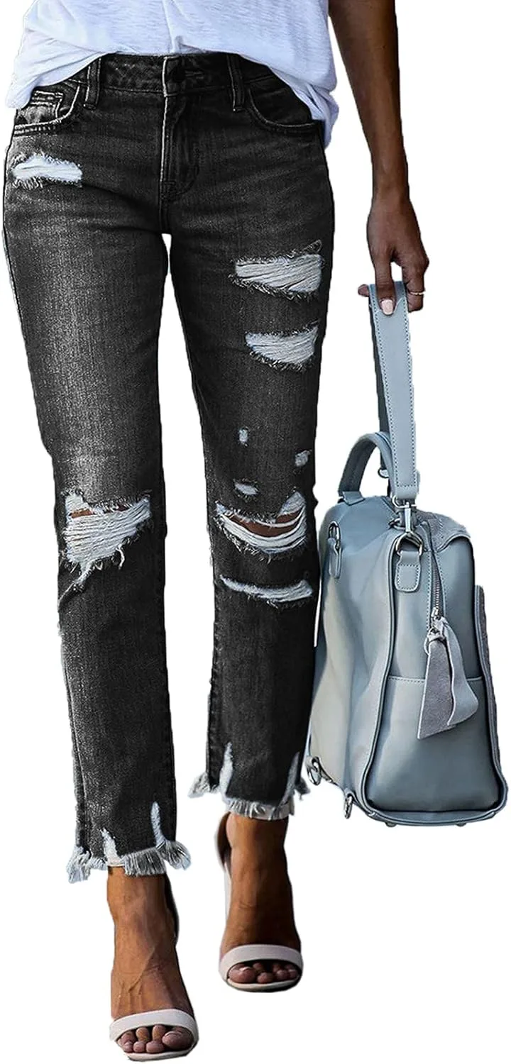 

Atditama женские джинсы Mid Waisted Stretch Ripped Distressed Tummy Control Straight Ankle Frayed Skinny