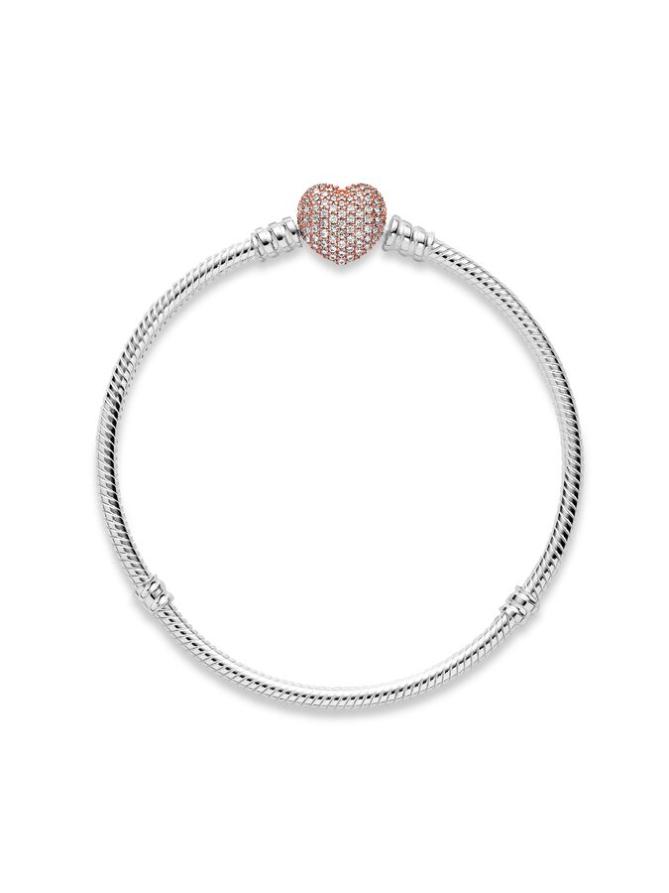 

Браслет Pandora Moments Pavé Heart Clasp Snake Chain Bracelet, стерлинговое серебро/розовое золото