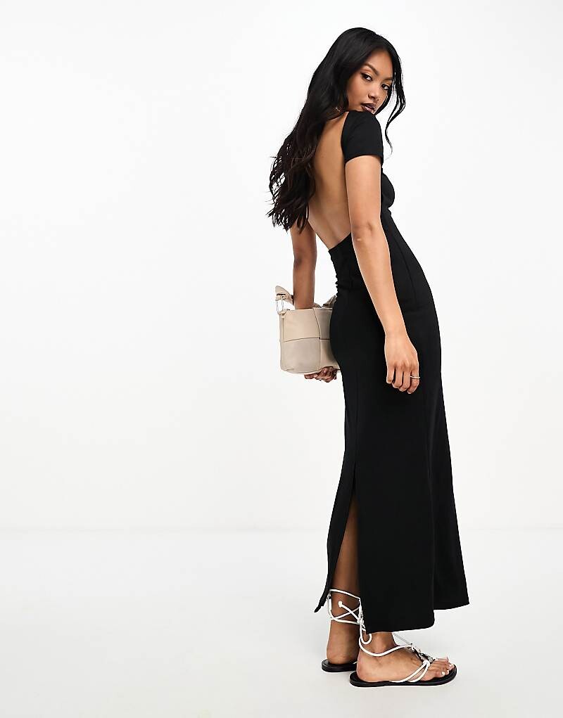 

ASOS DESIGN – Мягкое черное платье макси с короткими рукавами и овальным вырезом сзади