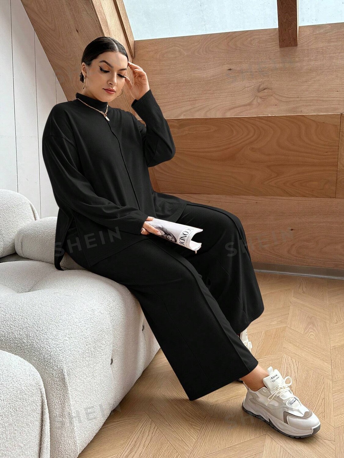 

Essnce plus size, Высокий воротник, заниженная линия плеча, длинные рукава, комплект из футболки и брюк Shein, черный
